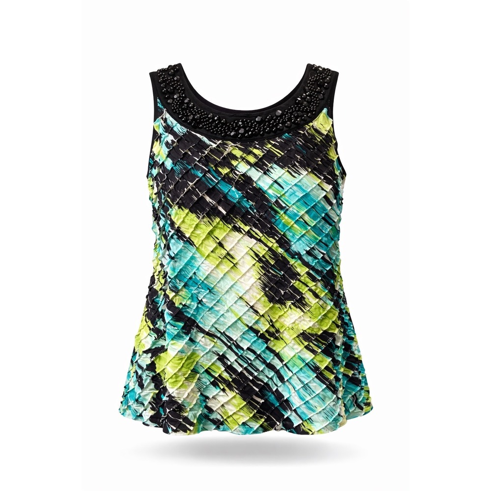 Cato Woman 18/20W Beaded Neck Tank‎ Top Layered Textured Boho Teal Black Blouse